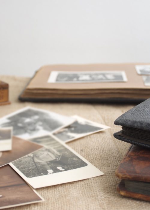 Vintage photo albums and black and white family photos